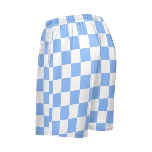 Men's White and Blue Checkered Pajama Shorts with Pocket and Drawstring S3