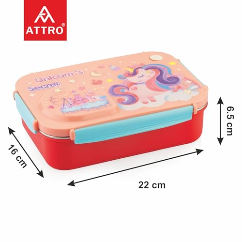 Image of ATTRO School Bite Stainless Steel Lunch Box - 3 Compartment Bento Tiffin, Leak-Proof & Durable, Ideal for Kids, School, Picnic- 750ml+150ml, Peach- Unicorn Theme