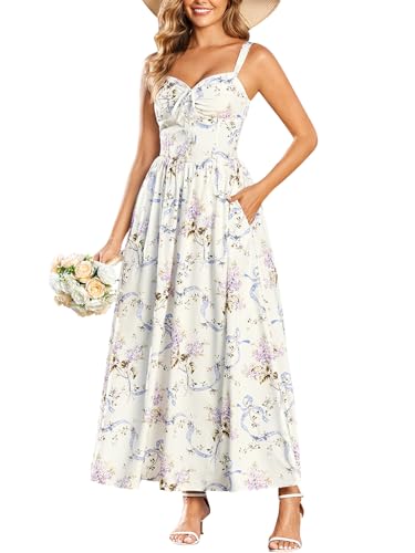 URYIAO Floral Corset Maxi Dress Lace Up Flowy Sundress Summer Wedding Guest Dresses for Women with Pockets S