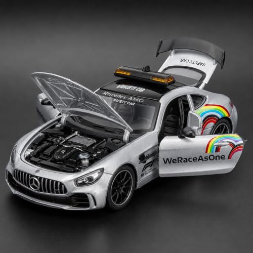 Image of Mercedes AMG GT F1 Safety Car 1:24 Scale Die Cast Metal Car - Pull Back Sports Coupe in Silver with Openable Doors & Hood, Light & Sound, Steerable Wheels, Showpiece for Kids
