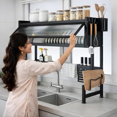 Image of Gvnd Over-The-Sink Dish Drying Rack with Dustproof Flip Cover Door | Multifunctional Adjustable Metal Kitchen Countertop Organizer (Black, 85x80x29Cm)