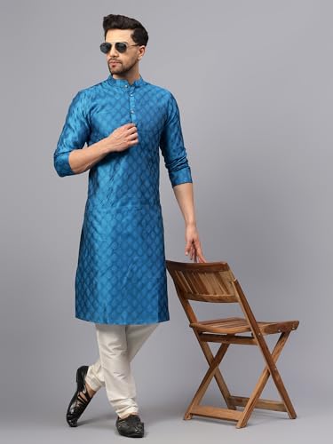 Image of LATEST CHIKAN Men's Silk Chikankari Kurta with Cream Churidar | Festive Set - KP Silk BANARSI