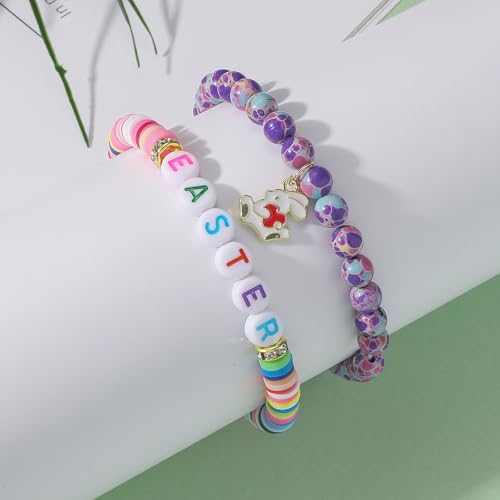 Image of Smilelife Easter Gifts for Teen Girls & Women - Bunny Beaded Bracelet Set - Perfect Easter basket stuffers (Emperor Stone)