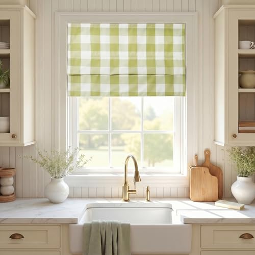 Image of TWOPAGES No Drill Cordless Buffalo Olivine Plaid Roman Shades Gingham Checkered Roman Blinds for Windows, Customized Room Darkening Blackout Blinds Farmhouse Shades, 1 Piece
