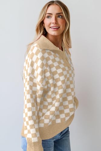 Women's Apricot Checkered Buttoned Collar V Neck Drop Shoulder Sweater3