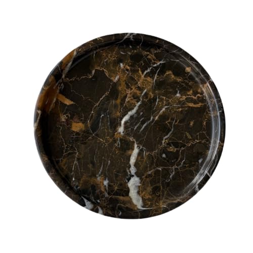 StonePlus Natural Marble Stone Carving 7.9 inches Round Small Tray Jewelry Trinkets Sundries Storage Dish (Black Brown)