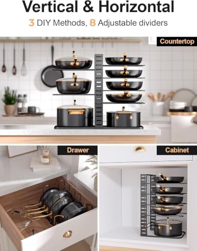 Image of 8-Tier Pots and Pans Organizer Rack for Cabinet, Heavy Duty Adjustable Cookware Storage Holder for Pots, Pans, Lids & Bakeware, Space Saving Kitchen Counter Organizer,
