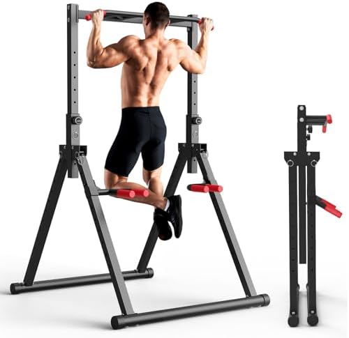 SERTT Foldable Power Tower Dip Station for Pull Ups, Dips & Push Ups, Upgraded Free Standing Pull Up Bar Station, Multi-function Workout Equipment for Home Gym Strength Training, Support 440LBS