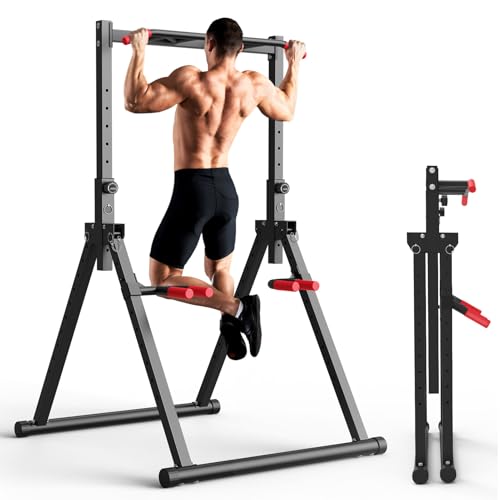 SERTT Foldable Power Tower Pull Up Bar Station, Upgraded Free Standing Pull Up Dip Station, Multi-function Workout Equipment for Home Gym Strength Training, Support 440LBS