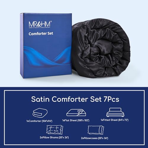 MR&HM Satin Comforter California King 7 Pieces Black - Luxurious Pinch Pleat Bedding Set with Comforter, Flat Sheet, Fitted Sheet, Pillowcases & Shams, Super Silky Soft Bed Set for All Season