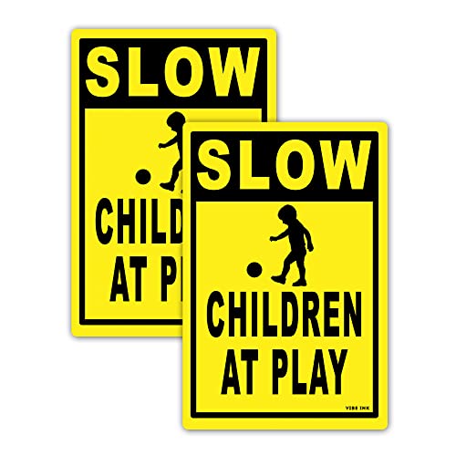 VIBE INK Pack of 2 SLOW - CHILDREN AT PLAY Double Sided Caution Yard Signs - Lawn Sign w/Metal Stakes (2 Signs) - Yellow Corrugated Plastic Sign - UV Waterproof Colors - MADE IN THE USA!!!
