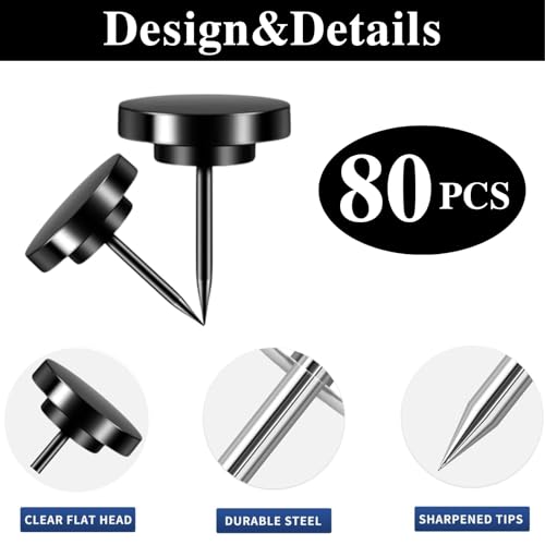 80 PCS Black Push Pins - Metal Thumb Tacks for Wall, Bulletin Board, Photo Hanging | Cork Board Tacks with Storage Box image 3