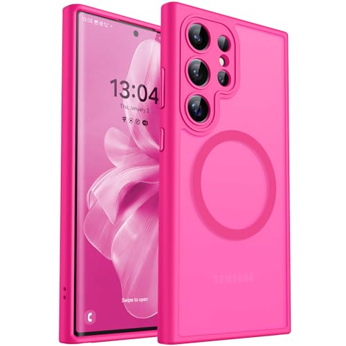 Image of CANSHN Designed for Samsung Galaxy S22 Ultra Case [Full Camera Protection] [Compatible with MagSafe] Translucent Matte Shockproof Protective Phone Cover 6.8 Inch - Hot Pink