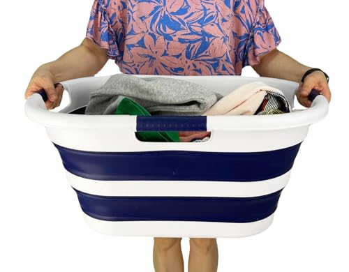 Image of SAMMART 40L (10.5 gallon) Set of 2 Collapsible Plastic Laundry Hamper - Foldable Pop Up Storage Container /Organizer - Portable Washing Tub - Space Saving Basket (2, White /Starry Blue)