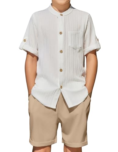 Image of Arshiner Boy's 2 Piece Beach Outfit Short Sleeve Textured Button Down Shirt and Short Sets Summer Vacation Wear 4-12 Years