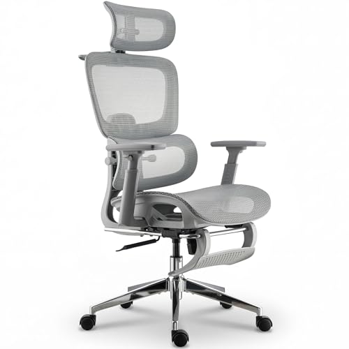 Ergonomic Office Chair Home Mesh Desk Computer Chair Comfortable Gaming Chair with Footrest Wheels Adjustable 2D Headrest Lumbar Support High Back and 3D Armrest Grey