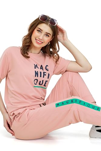 Image of ZEYO Women's Cotton Typography Printed Night Suit Pajama Set of Top & Joggers