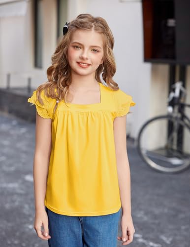 Image of Arshiner Girls Shirts Short Sleeve Square Neck Summer Lace Openwork Pleated Tops Blouse Tunic