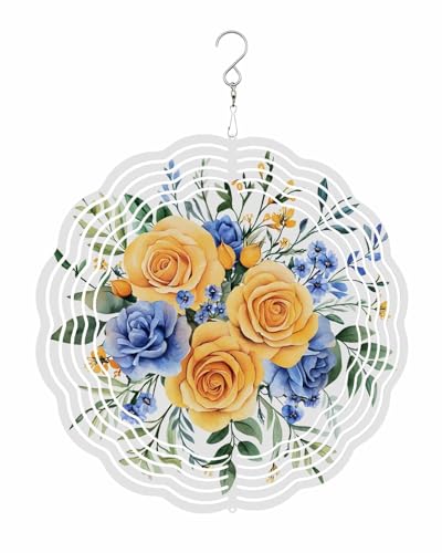 Botanical Wind Spinners, Blue Yellow Roses Flowers Hanging Wind Spinners for Yard and Garden 3D Stainless Steel Metal Sculptures Crafts Ornaments 10 Inch