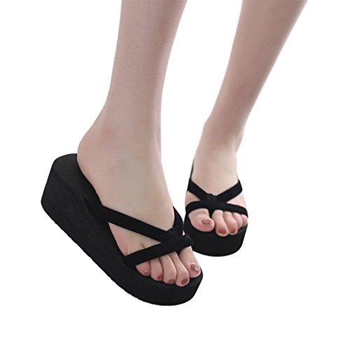 Fheaven Women's Gladiator Sandals Slipper Braided T-Strap Slingback Roman Flats Flip Flops Platform Wedge (US:8, Black)