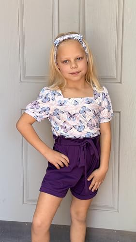 Image of Arshiner Toddler Girls 3 Piece Outfit Set Puff Sleeve Square Neck Top with Shorts and Matching Headband Summer Clothes 2T-8Y