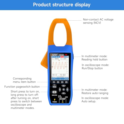 Image of OWON CMS061 3-in-1 Bluetooth Clamp Meter - 600A AC /DC True RMS, Oscilloscope & Data Logger, 20,000 Counts, Inrush Current, NCV, IPS LCD, Rechargeable Battery