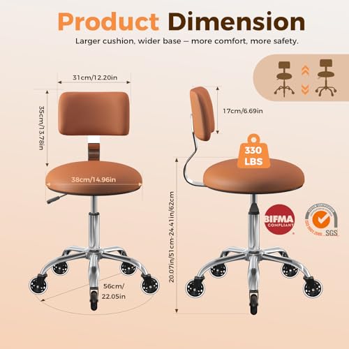 Image of Rolling Stool Chair with Wheels, Office Drafting Chair with Back Support, Height Adjustable Standing Desk Stool with PU Leather Cushion for Home Office Kitchen Vanity Spa Garage Tattoo Dentist, Camel