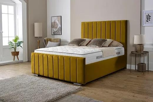 CALISMA Gio plush Bed Frame with 46-Inch Headboard and 20-Inch Footboard-Premium Velvet Finish, Soft-Touch Upholstery, Elegant Design for Modern Bedrooms. (MUSTARD, 4FT)