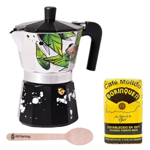 Puerto Rico Greca de Cafe Gift Set | Boricua Art by Joshua Montes Stovetop Coffee pot & Moka Pot with Authentic Café Borinquen and a Wooden Spoon | Cafetera | El Coqui, 6 Espresso Cups