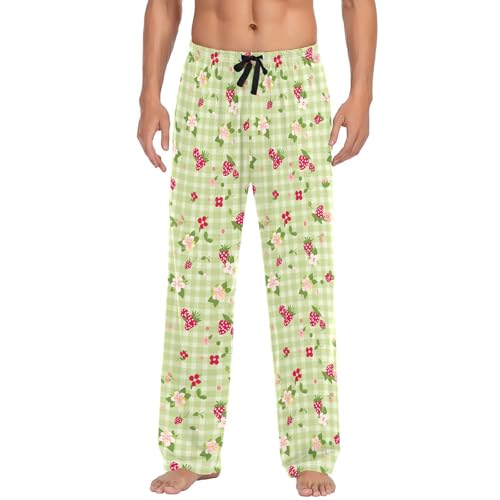 Checkered Strawberry Men's Pajamas Pants Cotton Sleep Bottoms Pants Lounge Sleepwear - S2
