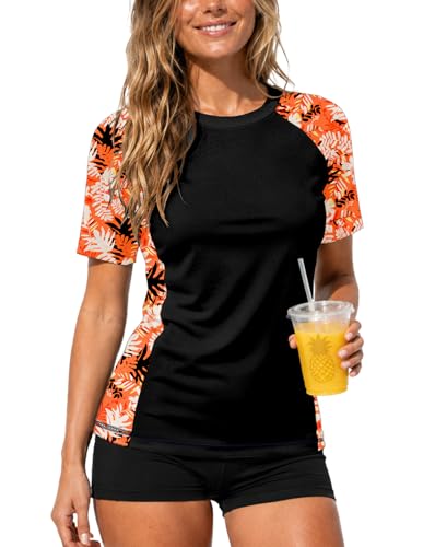 Image of AOBUTE Women Short Sleeve Rash Guard UPF 50+ Tropical Sun Protection Floral Swim Shirts