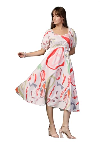 Image of OOMPH! Below Knee Shift Pink Dress in Crepe Fabric with Round Neck and Puff Sleeves - md619l