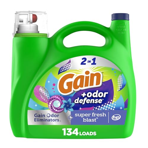 Gain Odor Defense Liquid Laundry Detergent, Super Fresh Blast Scent, 194 fl oz, 134 loads, 2 in 1, Laundry Detergent Liquid Soap, HE compatible