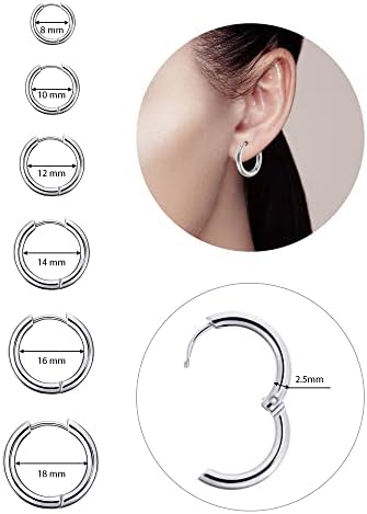 BBTO 6 Pairs Cartilage Hoop Earring Stainless Steel Earrings for Women Endless Small Hoop Earrings Tiny Hoops Silver Hoop Earrings Nose Lip Rings for Women Men Girls, 8mm 10mm 12mm 14mm 16mm 18mm