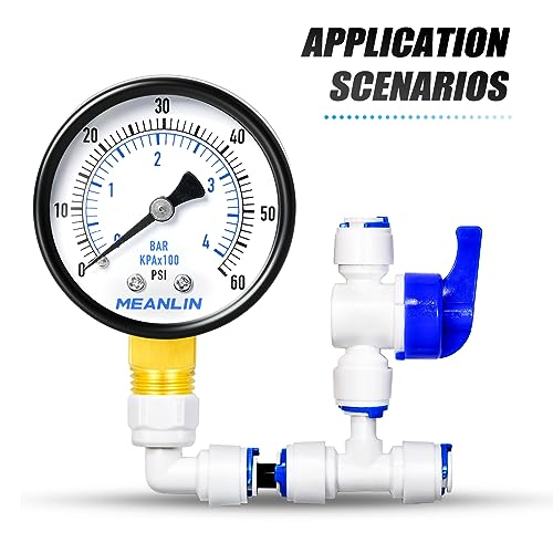 Image of MEANLIN MEASURE 0-60Psi Well Pump Pressure Gauge 1 /4 inch NPT 2 inch FACE DIAL for Pool Filter Pump Water Oil Air Compressor Tire Pressure Tester Lower Mount, with Teflon Tape