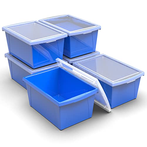 Image of Storex 5.5 Gallon Storage Bin with Lid - Plastic Classroom Organizer for Books and Supplies, Blue, 6-Pack (62743U06C)