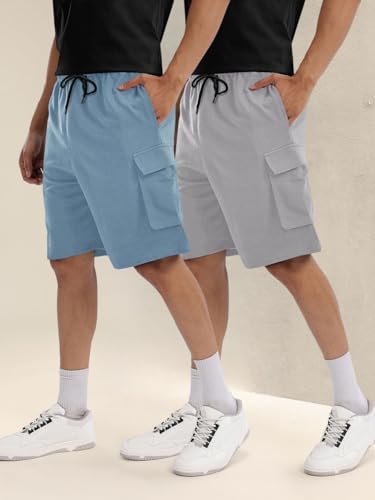 Image of Pinkmint Cargo Shorts for Men Pack of 2 Cotton Lycra Training Gym Shorts for Men Casual Workout Lightweight Summer Shorts with Dual Side Pockets Half Pant for Running, Gym, Walking, Travel