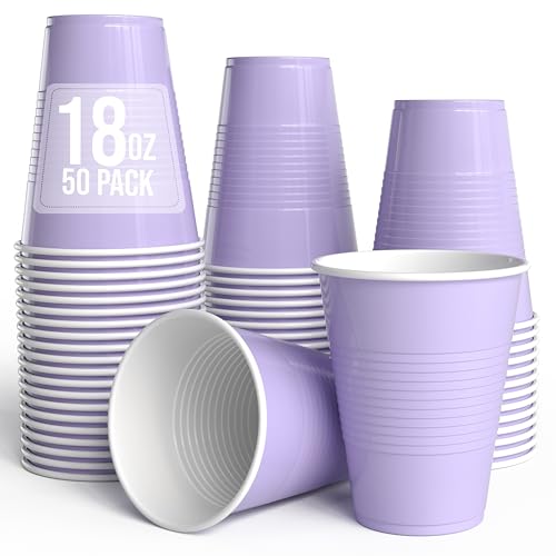 Party Solids 18 Oz Lavender Plastic Cups For Party Supplies 50 Pack | Lavender Disposable Cups Plastic | Disposable Drinkware For Parties Events & Everyday
