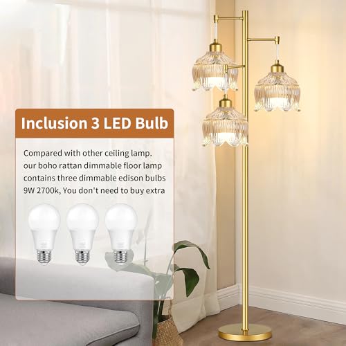 Image of ILLMTW Gold Floor Lamp for Living Room,Bedroom,Mid Century Modern Standing Lamp Brass Tree 3 Light Tall Floor Lamps Vintage Retro Floor Lights Glass Amber Flower Lamp Shade Farmhouse Boho Bohemian