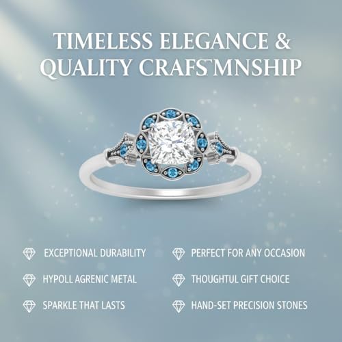Image of Choose Your Gemstone Vintage Halo Diamond CZ Engagement Ring Sterling Silver Cushion Shape Vintage Engagement Rings Minimal Modern Design Birthday Gift Wedding Gift US Size 4 to 12