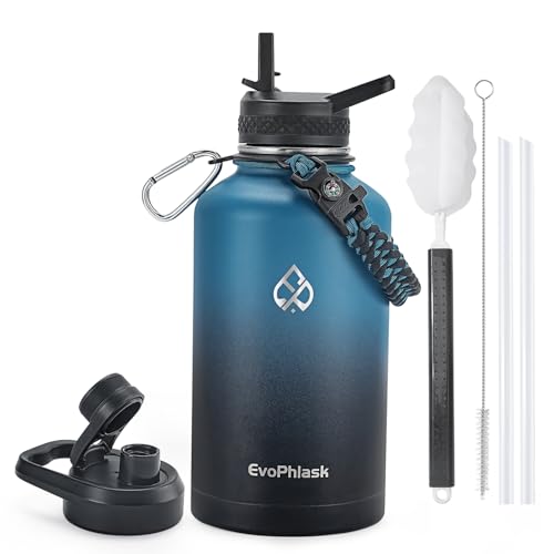 EvoPhlask 64 oz Insulated Water Bottle(Cold for 48Hrs), Half Gallon Stainless Steel Water Jug, BPA-Free & Leak-Proof, Large Metal Water Bottle for Gym, Hiking, Camping, Travel, Indigo Black
