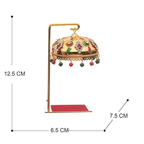 Image of Metal Chhatra Umbrella with Hanging Crystals - Decorative Chatri Aasan for God Idol, Home Temple, Car Dashboard, Office Desk, or Table Showpiece (M 66)