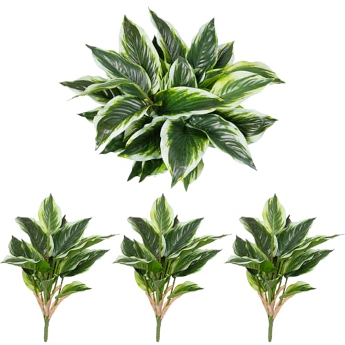 3PCS Artificial Tropical Green Plants – 19.6″ Fake Hostas Outdoor Artificial Plants, UV Resistant, Faux Green Leaf Stems for Porch, Patio, Balcony, Garden Planter or Indoor Décor