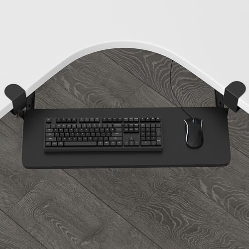 スライド式キーボードホルダー、オフィス用引き出し式キーボードトレイ、タイピング用コンピューター引き出し、しっかりと固定、簡単な取り付け、オフィス、ビジネススペース、ホームオフィスに最適