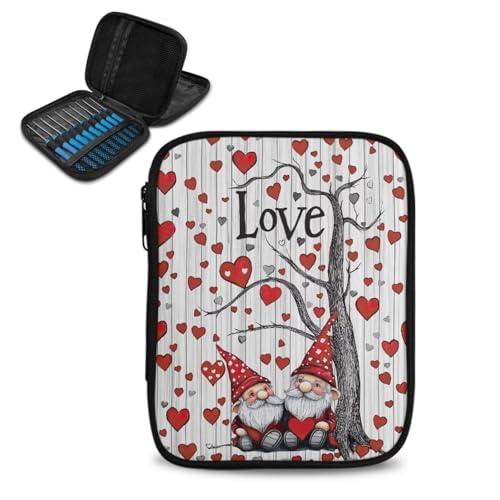 Image of Vanideaoty Love Heart Crochet Hook Case Portable Gnome Crochet Hook Organizer with Web Pockets for Knitting Needles Crochet Supplies Valentine's Day Gifts Holiday