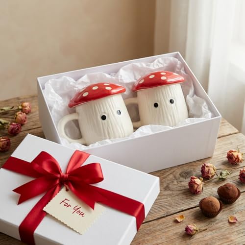Image of Red Mushroom Ceramic Mugs with Lid Set of 2 | 300ml Coffee Tea Cups Polka Dot | Microwave Dishwasher Safe | Valentine Couple Gift | Home Decor Kitchen Dining Handmade India