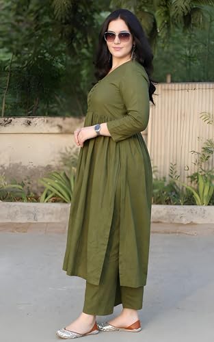Image of ANILINE Women's V-Neck, Button Front, three-quarter sleeves, Anarkali shape, Empire Waist, Pleated Design Kurta With Pant