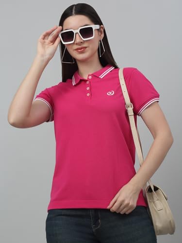 Image of Cantabil Women's Cotton Blend Solid Polo Neck T-Shirt (Regular Fit)
