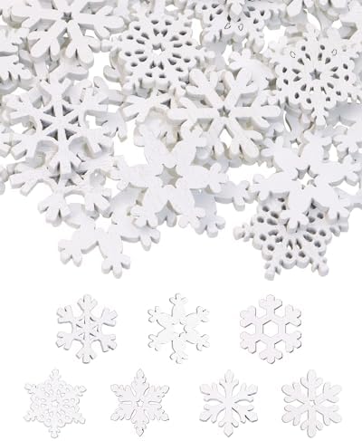160PCS Snowflake Decorations Wood Slices Ornaments Christmas Cutouts Buttons Tags for Xmas Tree Hanging Painting DIY Crafts Projects Gifts Bags Holiday Party School Home Activity, 20MM, White