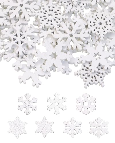 PPhtony 80PCS Snowflake Decorations Wood Slices Ornaments Christmas Cutouts Buttons Tags for Xmas Tree Hanging Painting DIY Crafts Projects Gifts Bags Holiday Party School Home Activity, 20MM, White